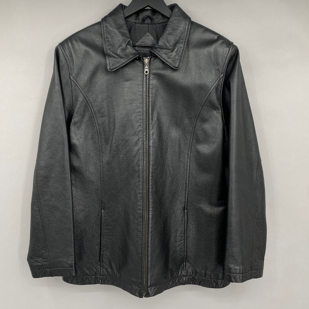Outbrook Genuine Leather Jacket Women Large Black Zip Up Minimalist Vtg 90s Goth